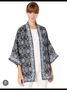 Max Studio Black and Light Blue Paisley Kimono Sz L XL Boho Festival Beach Gipsy